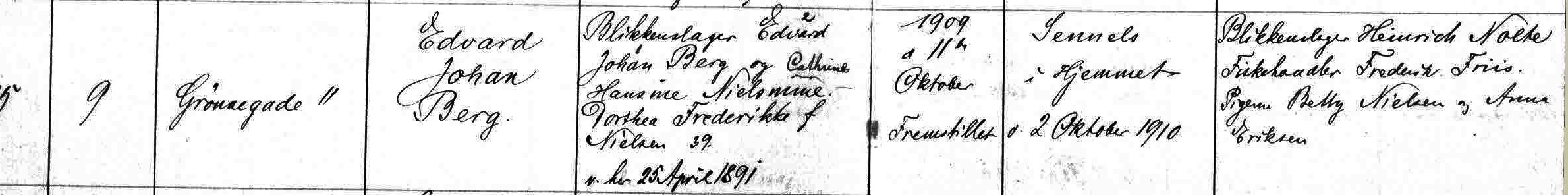 Udsnit af Vor Frelser Horsens kirkebog, Johan Edvard Berg